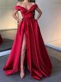 Off the Shoulder Burgundy Satin Long Prom Dresses Off Shoulder Wine Red Long Formal Evening Dresses Y7153