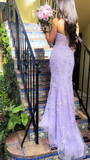 Purple Strapless Tulle Lace Appliques Evening Dress Mermaid Prom Dress Y7910