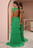 Emerald Green Deep V Neck Layered Ruffles Evening Dress Backless Long Prom Dress Y8386
