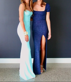 Elegant Blue Satin Spaghetti Straps Prom Dress Evening Dress Y8232