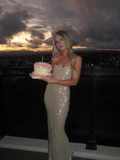 Spaghetti Straps Champagne Sequin Sheath Long Prom Dress Evening Dress Y8083