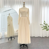 Beige Short Midi Arabic Evening Dress with Belt Long Sleeve Tea Length Women Formal Wedding Party Gowns Y4847