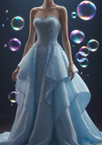Elegant Strapless Blue Chiffon Beaded Evening Dress Formal Mermaid Prom Dress Y8338