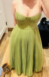 Classy Spaghetti Straps Pleated Tulle Green Midi Prom Dress A Line  Evening Dress Y8452
