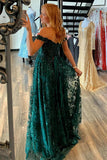 Tulle A-line Off Shoulder Lace Appliques Prom Dresses With Slit,