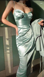 Elegant Spaghetti Straps Green Satin Prom Dress Formal Evening Dress Y8438