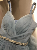 Simple Blue Tulle Beaded A Line Evening Dress Spaghetti Straps V Neck Prom Dress Y8649