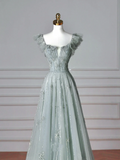 Pretty Light Green Square Neck Tulle Beaded Prom Dress A Line Evening Dress Y8612