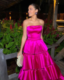 Beautiful Strapless Satin Tiered Party Prom Dress Hot Pink Satin A Line Evening Gown Y8003