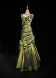 Vintage Dark Green Irregular Neckline Satin Beaded Evening Dress Ruched Mermaid Prom Dress Y8560