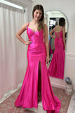 Hot Pink Mermaid Straps Satin Long Prom Dress with Slit