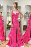 Hot Pink Mermaid Straps Satin Long Prom Dress with Slit