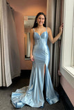 Hot Pink Mermaid Straps Satin Long Prom Dress with Slit
