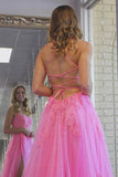 Tulle Split Long Prom Dresses, Evening Dress With Lace Appliques