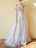 Purple Off Shoulder Sequin Tulle Long Prom Dress Purple Formal Evening Dresses Y4659