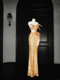 Sparkly Gold Sequin Strapless Mermaid Prom Dress Long Evening Dress Y8656