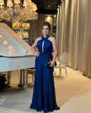 Blue Halterneck Pleated Mermaid Long Prom Dress Evening Dress Y8475