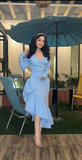 Mermaid Light Blue Women's Prom Dresses V Neck Long Sleeves Formal Occasion Dress Temperament Evening Dress Y4764