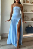 Elegant Strapless Blue Pleated Slit Evening Dress Formal Prom Dress Y7772