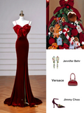 Charming Burgundy Velvet Slit Mermaid Evening Dress Long Prom Dress Y8603
