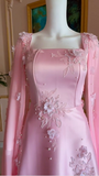 Luxury Pink Satin Long A Line Evening Dress Pretty Appliques Prom Dress Y7591