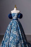 Blue Printed Long A-Line Prom Dress Blue Off the Shoulder Formal Evening Dress Y4605