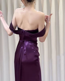 Purple Satin Off Shoulder Long Evening Dress Satin Prom Dress Y7440