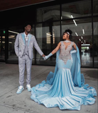 Sky Blue Velvet Silver Crystal Evening Dress Luxurious Evening Gown Y5764