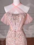 Classy Pink Halter Sequin Beaded Tulle Mermaid Evening Dress Long Prom Dress Y8620