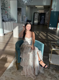 Charming Lace Layered A Line Evening Dress Spaghetti Straps Slit Prom Dress Y8262