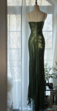 Vintage Dark Green Bodycon Satin Beaded Prom Dress Long Evening Dress Y8557