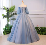 Unique blue tulle lace long prom dress blue evening dress S13770