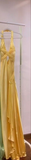 Elegant Yellow Halter Satin Beaded Prom Dress Slit Mermaid Party Evening Dress Y8426
