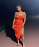 Chic Orange Spaghetti Straps Evening Dress Orange Party Gown Y6354