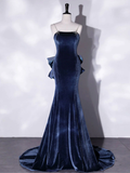 Mermaid Velvet Blue Long Prom Dresses Blue Velvet Long Evening Dress Y4387