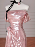Gorgeous Pink Off The Shoulder Satin Mermaid Long Prom Dress Evening Dress Y8630