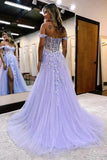 Tulle A-line Off Shoulder Long Prom Dresses With Lace Appliques,