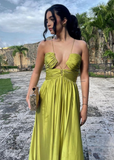 Chic Halter Green Long Satin Ruched Prom Dress Formal A Evening Dress Y8098