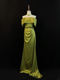 Classy Olive Green Satin Off The Shoulder Slit Prom Dress Slit Mermaid Evening Dress Y8650
