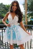 Spaghetti Straps Blue Applique Short Prom Dresses Homecoming Dresses,