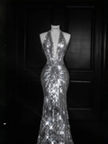 Sparkly Silver Deep V Halter Sequins Beaded Backless Evening Dress Mermaid Prom Dress Y8687