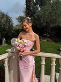 Pink Strapless Pleated Slit Prom Dress Sheath Long Party Evening Gown Y8085