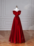 Red Satin Off The Shoulder Prom Dress Bow A Line Evening Dress Y8626