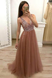 Tulle Beaded Dusty Rose Prom Dress With Lace Up Evening Dress