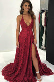 V-Neck Burgundy Deep Lace Sweep Train Backless Long Prom Gown,
