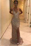 Sparkly Mermaid V-Neck Sleeveless Sequins Long Prom Dresses