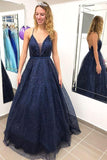 Sparkly Ball Gown V-neck Open Back Spaghetti Straps Navy Prom Dresses, Elegant Evening Dresses