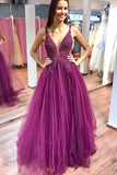 Sparkly V-neck Fuchsia Tulle & Lace Long Prom Dresses with Beaded, Elegant Evening Dresses