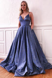 Sparkle A-line Deep V-neck Spaghetti Straps Sweep Train Prom Dress with Pockets