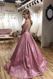 Sparkle  A-line Scoop Spaghetti Straps Sweep Train Prom Dress with Pockets